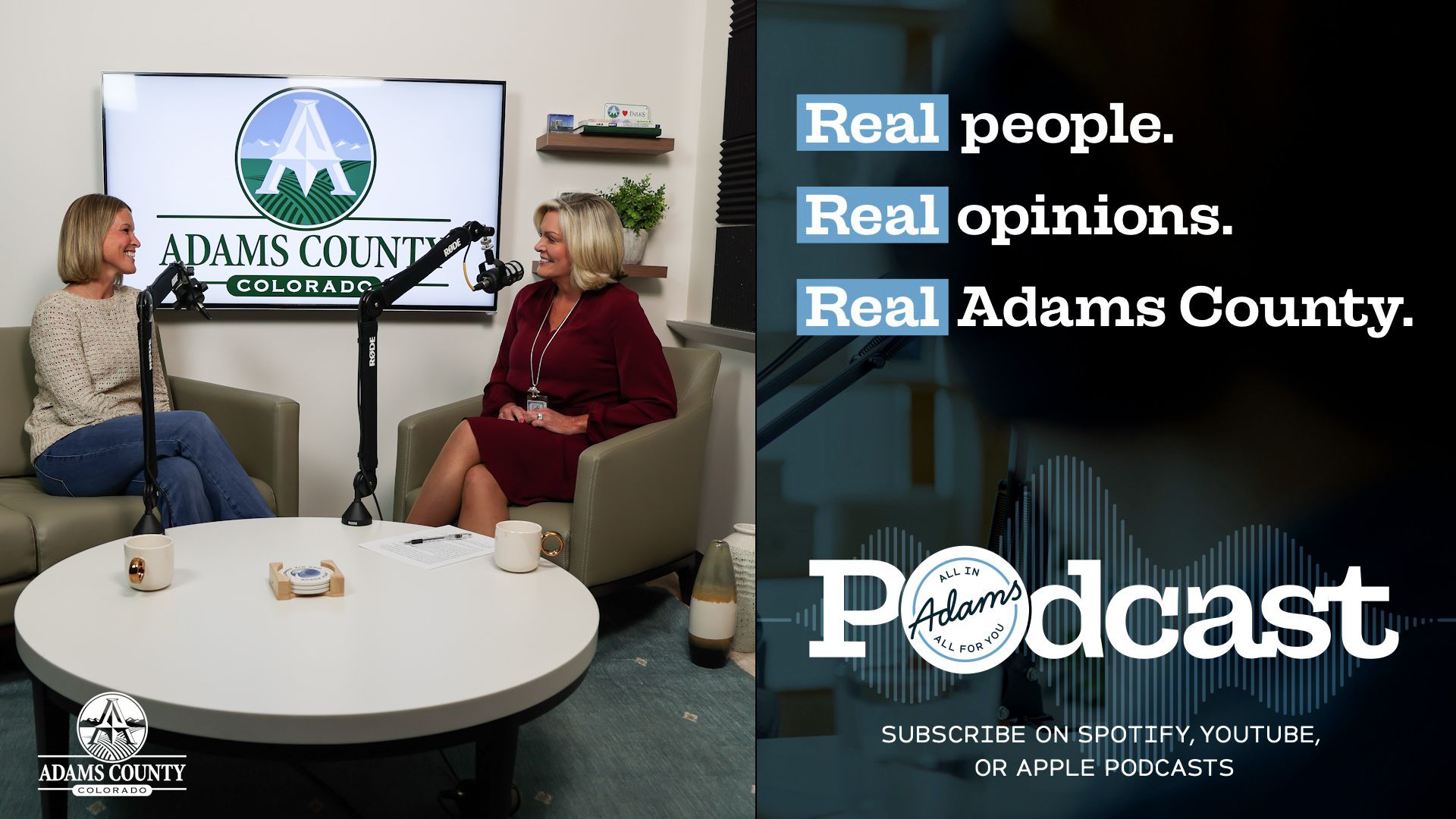 Two women talking to each other on the All In Adams Podcast. 